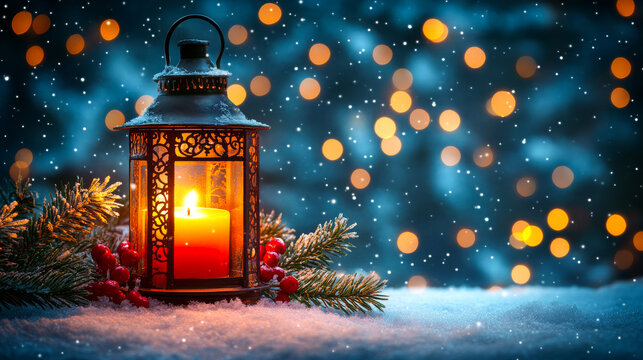 A candle in a lantern is lit on a snowy ground. The lantern is surrounded by red berries. The scene is set in a wintery landscape