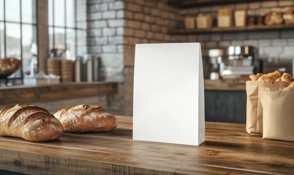 Mockup of a blank white takeaway paper bag on a wooden counter in a rustic bakery setting. Freshly baked bread loaves are placed alongside, showcasing a warm, inviting atmosphere