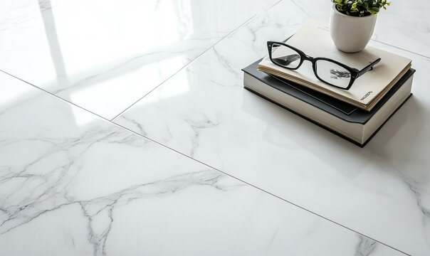 Sample stack of luxury vinyl floor tiles on white marble floor for interior design