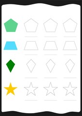 trace the different shapes around the contour. learning for children, drawing tasks,woorksheet activity,printable template,A4 FORMAT