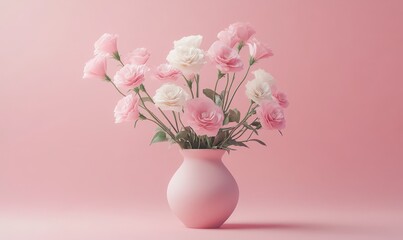 Pink eustoma flowers in a pink vase on a pink background