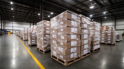 Daytime view of packages neatly stacked on a pallet within a large, well lit warehouse space