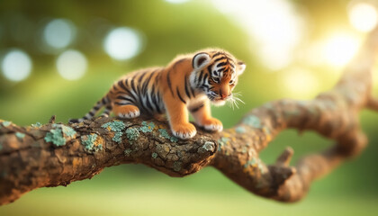 Fototapeta premium Baby miniature Bengal tiger on a tree trunk
