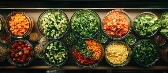 Fototapeta premium Assorted chopped vegetables in glass bowls on a wooden surface.