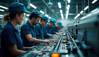 Obraz premium Employees operating machinery in a factory, showcasing precision, teamwork, and efficiency in a production environment