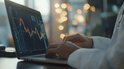 Doctor analyzing digital stock market trends for innovative medical business strategy development