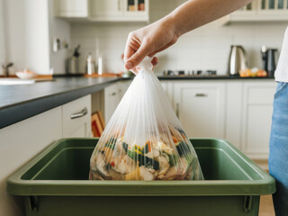 Mano sosteniendo una bolsa de basura en la cocina. La bolsa de basura se llena con desperdicios de comida y se coloca en un contenedor verde
