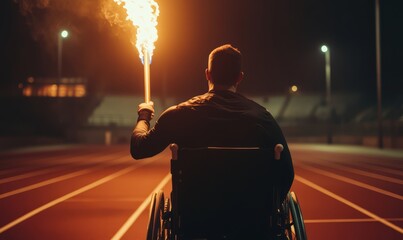 Rear view of a man in a wheelchair holding a burning torch on a running track in a sports stadium