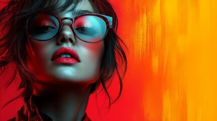 Fototapeta premium A captivating portrait of a woman with a bold, confident look. Her expressive eyes and bright red lips make a statement against a vibrant red and orange backdrop.
