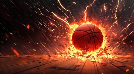 An abstract digital artwork featuring the silhouette of a basketball, dynamic lighting effects, and a dramatic explosion effect