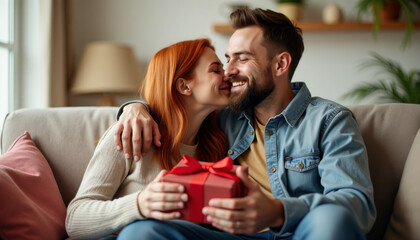 Couple Sharing a Gift, Filled With Love and Joy