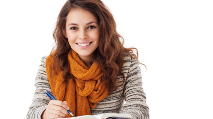 A smiling woman writing in a notebook isolated on a white background