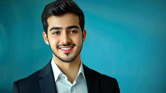A charismatic young man, dressed in formal attire, smiles warmly in a contemporary office environment filled with soft lighting and green plants, showcasing a professional vibe