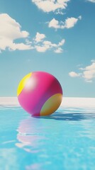 Striped inflatable beach ball bobbing on the surface of pool.
