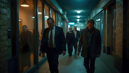 Workers leaving the office late at night, appearing worn out but determined, showcasing commitment, resilience, and dedication to their roles