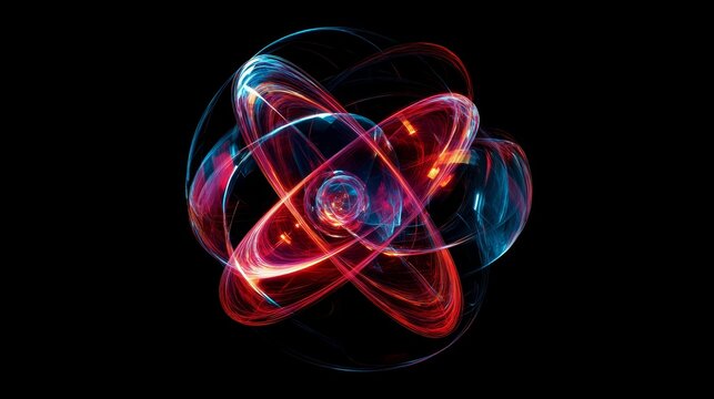Captivating 3d representation of an atom featuring rotating electrons in dynamic motion