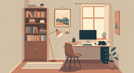 Cozy home office with vintage decor and modern workspace elements