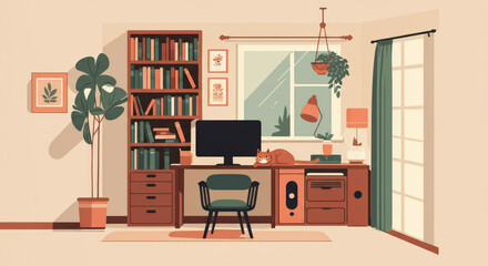 Cozy home office with bookshelf and cat by window in minimalist style