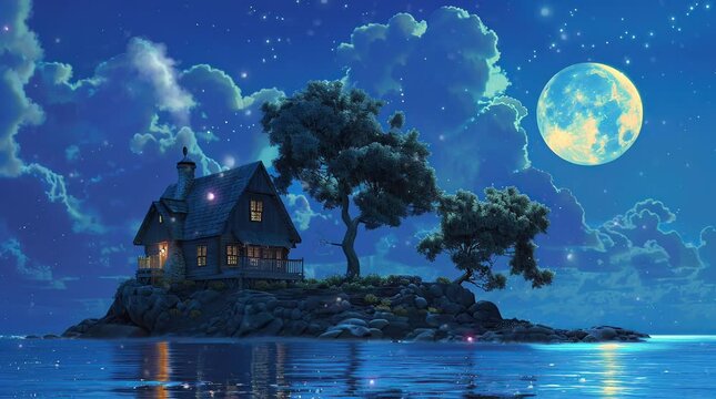 Mysterious house on a secluded island under a glowing fantasy night sky  
Seamless looping 4k time-lapse virtual video animation Generated AI