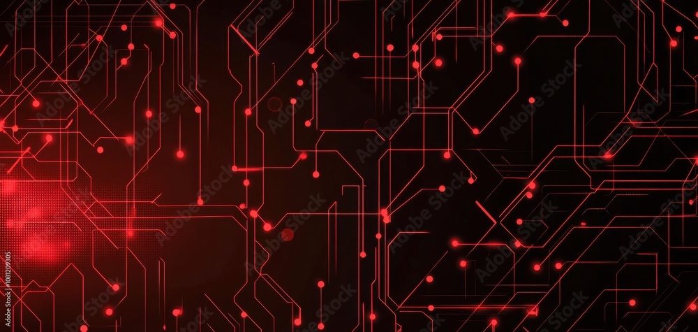 Poster dynamic red and black cybernetic backdrop with intricate circuit design. generative ai