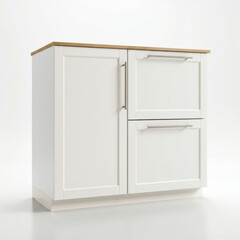 Modern white kitchen cabinet with wooden top and sleek metal handles