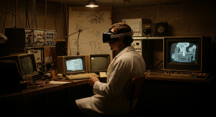 Retro tech lab: scientist with vr gear and vintage computers