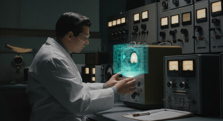Scientist analyzing holographic data in retro laboratory with advanced technology