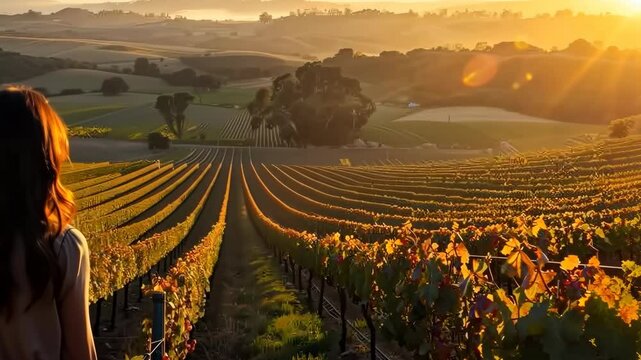 Woman Gazes Over Sunlit Vineyard Landscape During Golden Hour Sunset in Autumn With Rolling Hills in Background