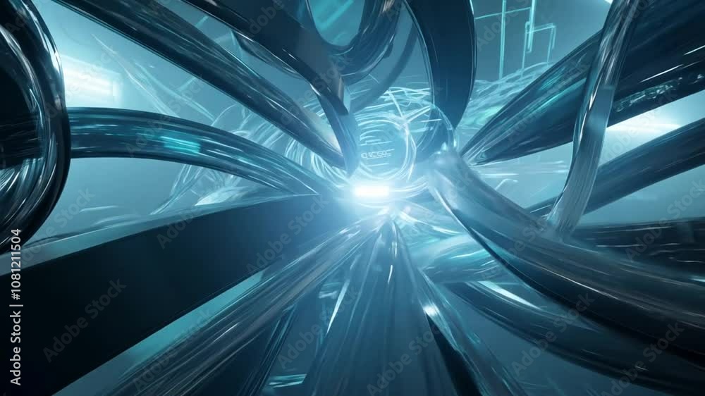 Poster abstract view of light beams through interwoven metallic structures generative ai