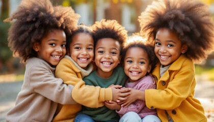 A diverse group of children playing together, promoting inclusivity, friendship, and unity, captured in a candid, highly realistic light
