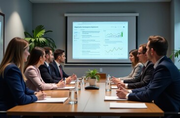 Business partners watching presentation on projector mockup