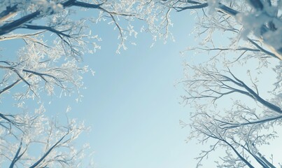 Snow-covered tree branches forming sharp, angular lines against a clear winter sky, creating a natural geometric pattern