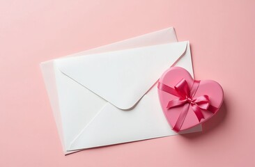 Pink heart shaped gift box with a pink ribbon next to white envelope on pink background