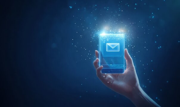 Online voting, Hand with a hologram ballot and a box for Internet voting in a mobile phone on a blue background.