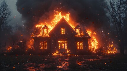 Large structure covered in raging flames and dark clouds of smoke picture