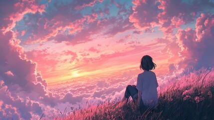 Obraz premium A young girl admires the breathtaking sunset over a sea of clouds.
