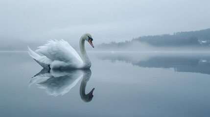 A majestic swan glides gracefully across the still waters of a misty lake, its elegant reflection shimmering in the tranquil waters below.