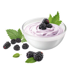 Green bowl of greek yogurt and fresh berries isolated on white background