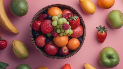 Assorted fruits in a basket on a pink background