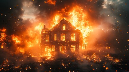 Naklejka premium Raging house fire with massive flames and thick clouds of smoke rising picture