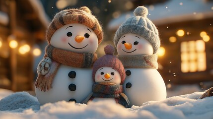 Obraz premium Three cheerful snowmen dressed in scarves, hats, and mittens, standing together in a snowy winter landscape.