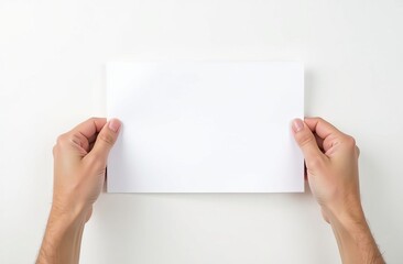 Male hands holding white paper mockup on white background