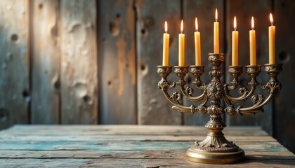 Fototapeta premium A beautifully crafted menorah stands proudly on a rustic wooden table, its golden arms adorned with flickering candles that cast a warm, inviting glow. The backdrop of weathered wood adds a touch of