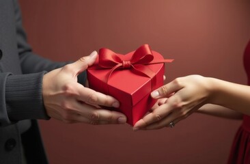 Male hands giving heart gift to female hands on Valentine day close up