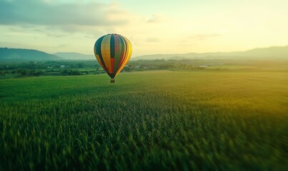 Naklejka premium vibrant hot air balloon floats gracefully over lush green field, creating serene and picturesque scene