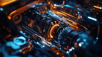 Glowing Engine Components Close Up