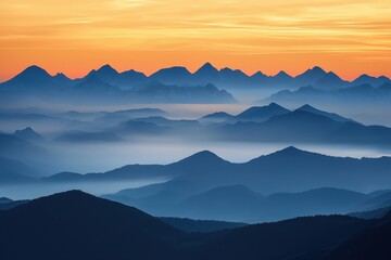 Fototapeta premium The mountains are covered in a thick layer of fog, creating a serene