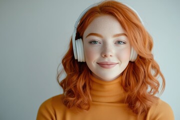 A woman with red hair is wearing headphones and smiling