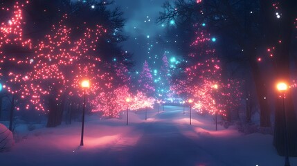 Enchanting winter walkway lit with colorful lights amidst a snowy landscape.