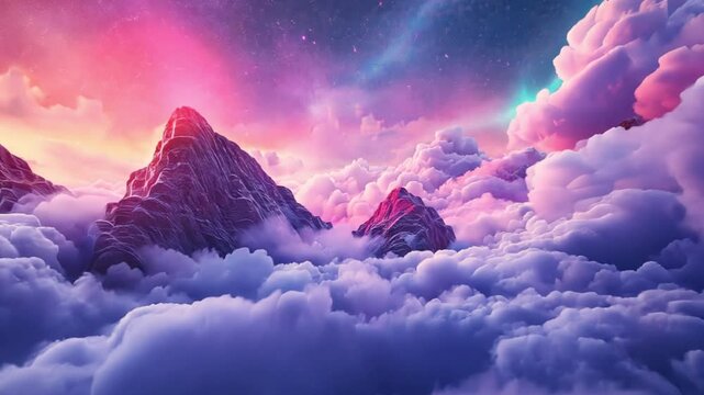 vibrant sunset over majestic mountains and fluffy clouds. colorful dusk sky with serene landscape.